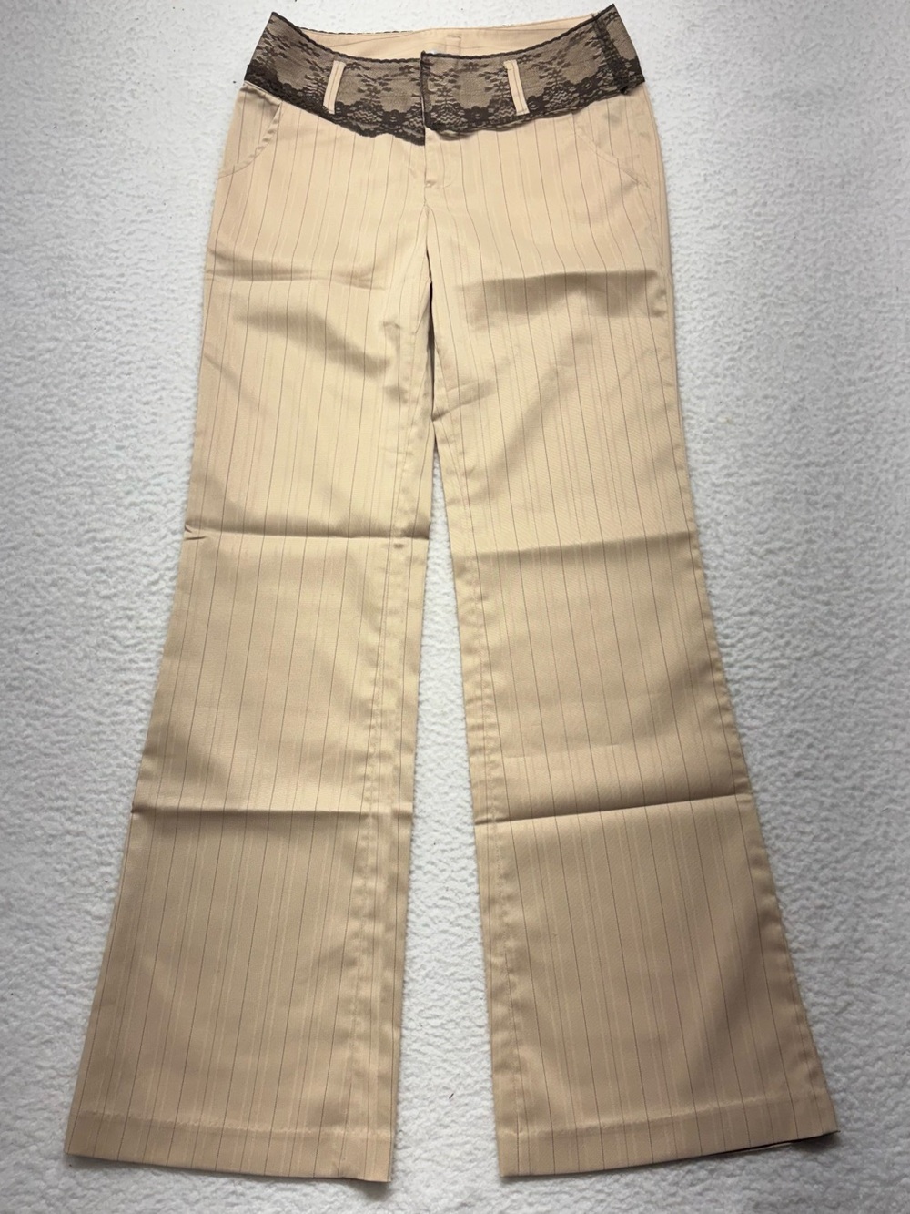Y2K Elan Low Rise Pinstripe Flare Pants Lace Waistband Beige Black 165/66A - Picture 3 of 7